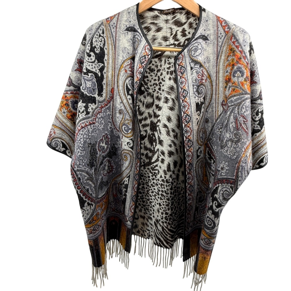 J. McLaughlin Gia Reversible Open Front Wool Poncho XS/S Paisley & Animal Print